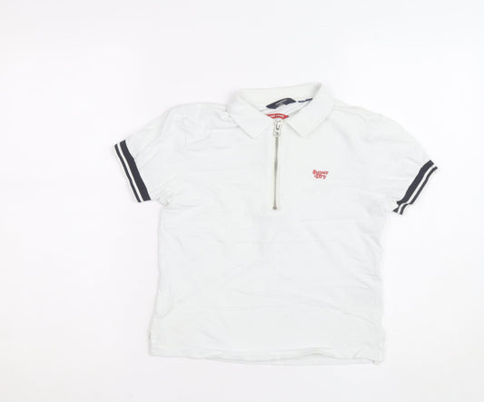 Superdry Boys White Short Sleeve Polo Shirt UK 6 Regular Fit Zip Collar