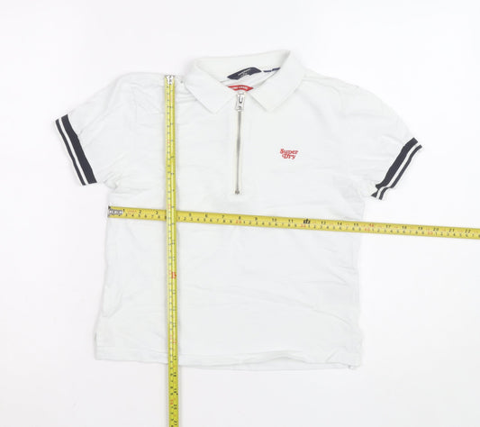 Superdry Boys White Short Sleeve Polo Shirt UK 6 Regular Fit Zip Collar