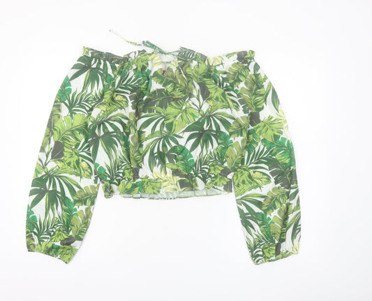 Guess Women's Green Tropical Cropped Off Shoulder Blouse Size L