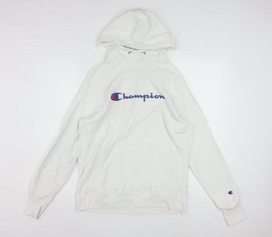Champion Men's White Hoodie Pullover Medium Logo Print Cotton Blend