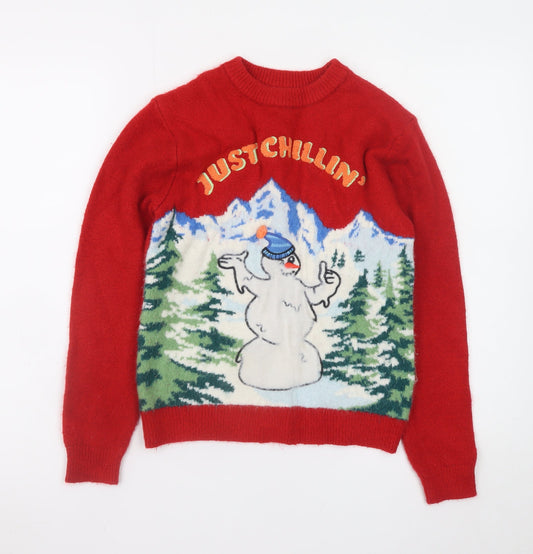 Marks & Spencer Boys Red Christmas Jumper 10-11 Years Just Chillin' Snowman Knit
