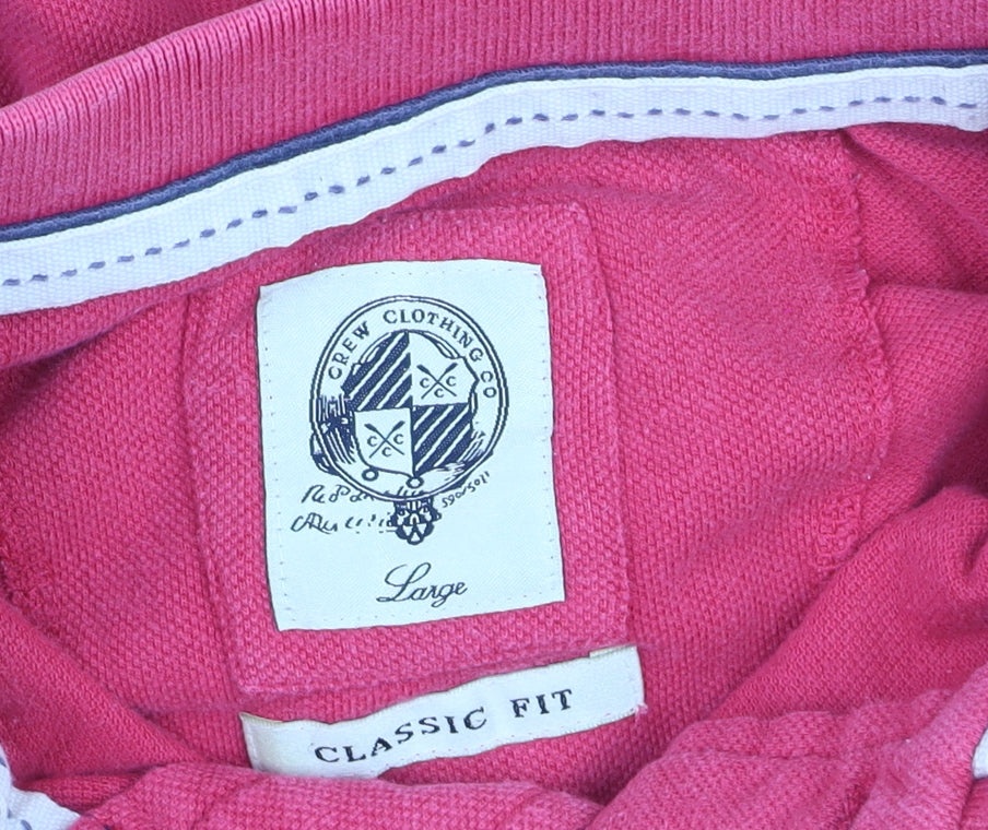 Brand and care label for Crew Clothing Men's Pink Classic Fit Polo Shirt, size L