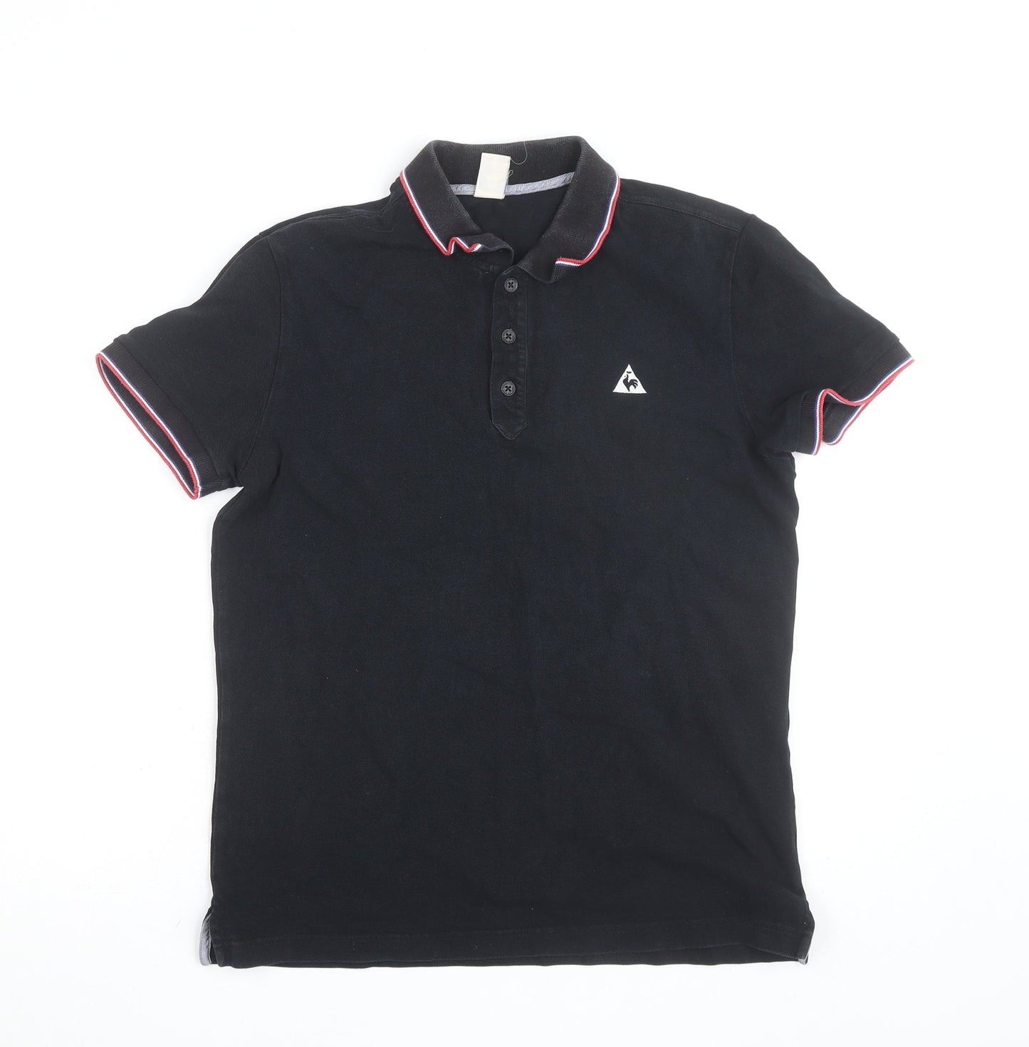 Brand and care label for Le Coq Sportif Men's Black Short Sleeve Polo Shirt M