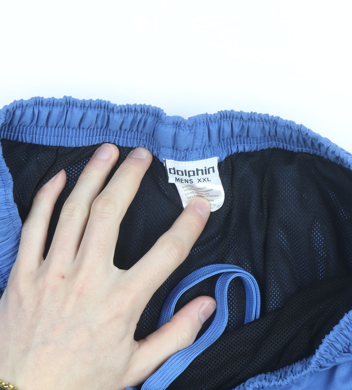 Brand and care label for Dolphin Men's Blue 2XL Swim Shorts Elastic Waist Quick Dry
