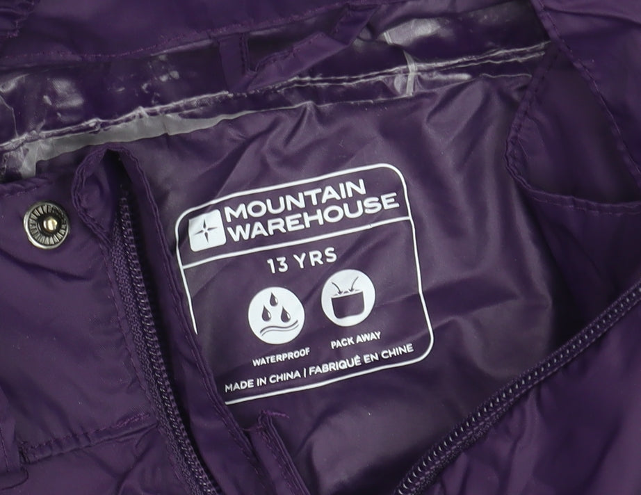 Brand and care label for Mountain Warehouse girls’ purple waterproof hooded rain coat 13 years