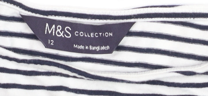 Marks and Spencer Women's White Striped 3/4 Sleeve Cotton T-Shirt Size 12