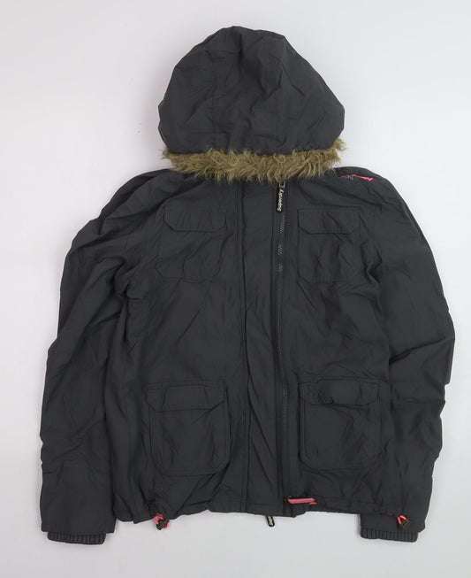 Superdry Women Black M Windcheater Hooded Jacket Faux Fur Trim