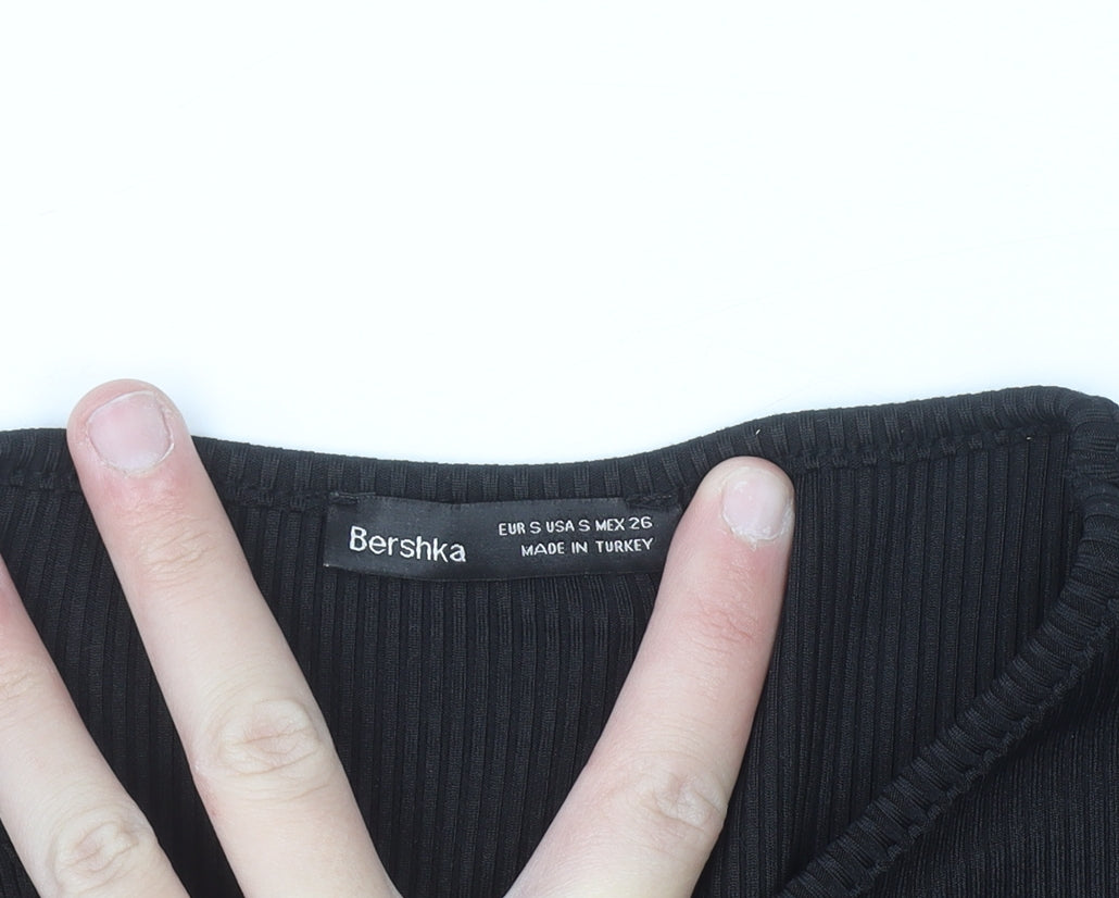 Bershka Women’s Black Cropped Long Sleeve Slim Fit Beaded Tie T-Shirt S