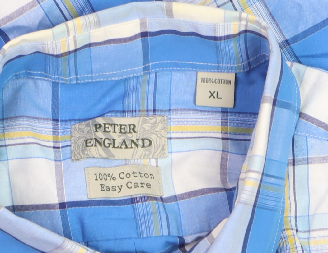 Peter England Men's Blue Check Short Sleeve Button-Up Shirt XL