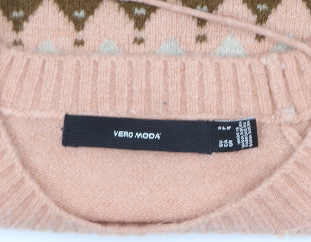 Vero Moda Women's Beige Fair Isle Wool Blend Knit Jumper Size S
