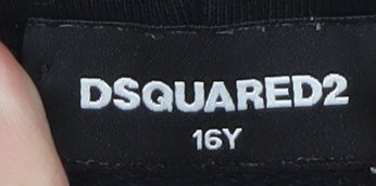 Brand and care label for Dsquared2 boys’ black full zip hoodie 16 years cotton blend graphic print