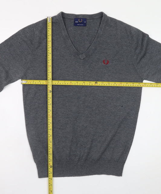 Fred Perry Men's Grey Wool V-Neck Jumper Size M Classic Knitwear