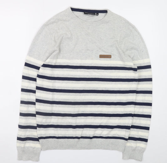 McKenzie Men's Grey Striped Cotton Crew Neck Jumper Size M
