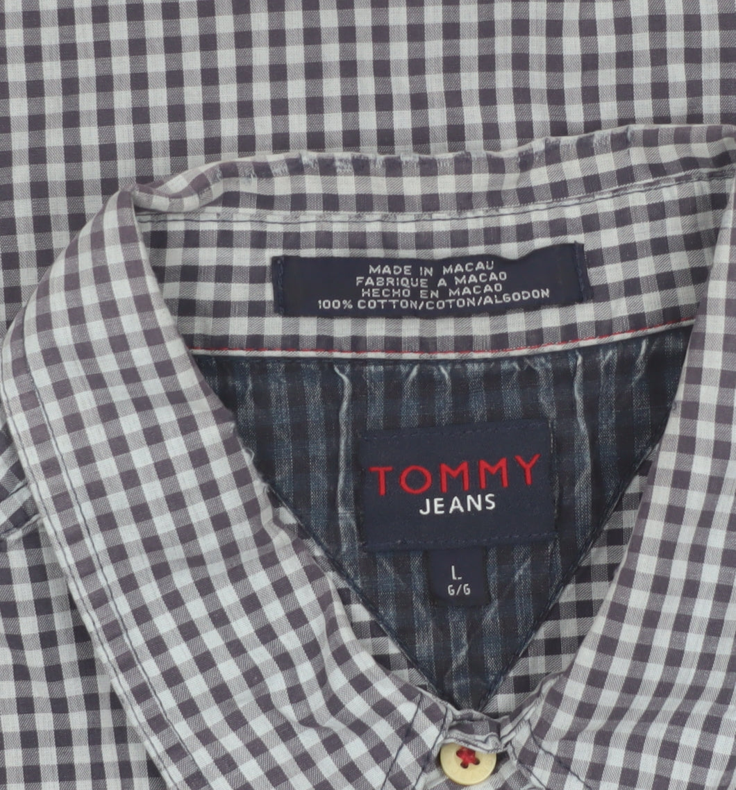 Tommy Jeans Men's Blue Check Short Sleeve Cotton Button-Up Shirt L
