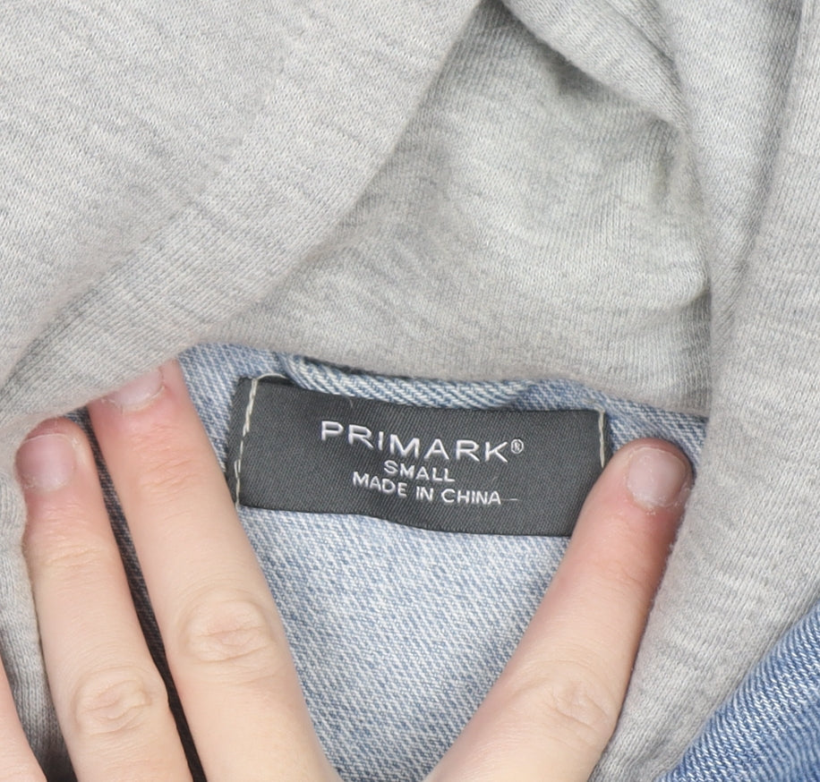 Primark Men Blue Denim Jacket Hooded Grey Sleeves Size S