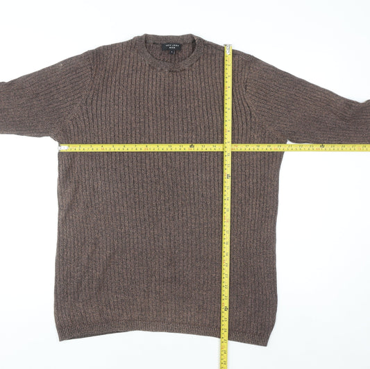 New Look Men Brown Ribbed Knit Cotton Jumper Size L Crew Neck