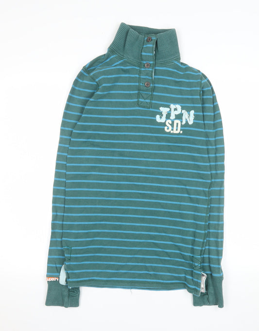 Superdry Men's Green Striped Henley Sweatshirt M Long Sleeve