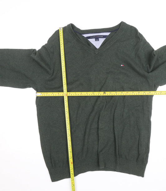 Tommy Hilfiger Mens Green V-Neck Cotton Jumper Size L