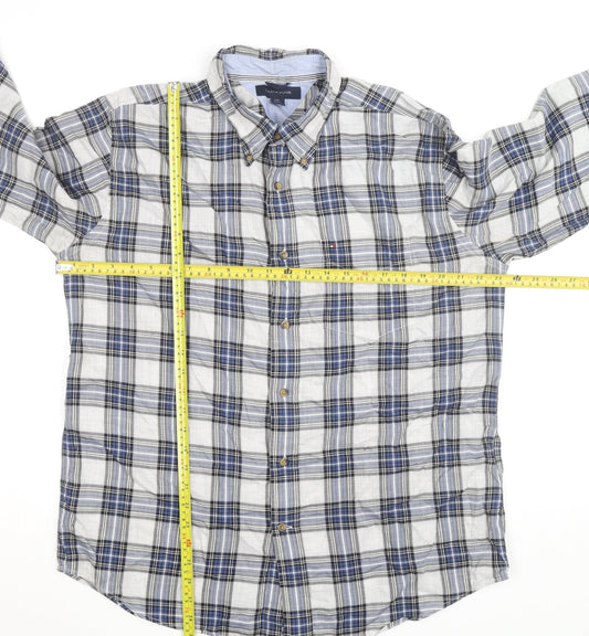 Tommy Hilfiger Men's Blue Plaid Button-Down Long Sleeve Cotton Shirt L