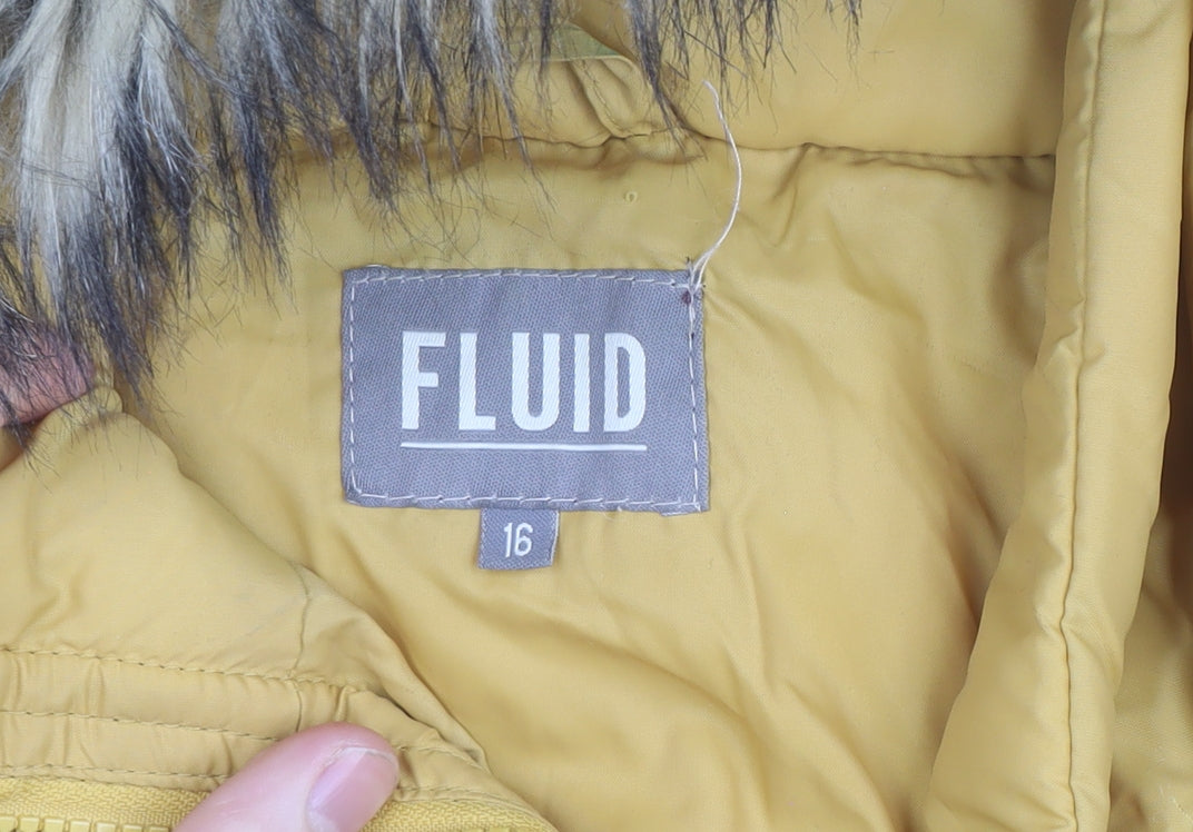 FLUID Womens Yellow Size 16 Hooded Puffer Jacket With Fur Trim