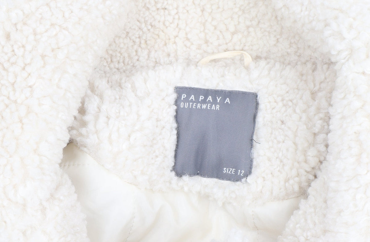 Brand and care label for Papaya Women Ivory Sherpa Fleece Short Jacket, size 12, Casual Winter