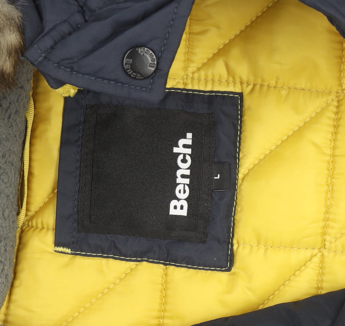 Bench Mens Blue Hooded Parka Jacket L Faux Fur Trim Winter Coat