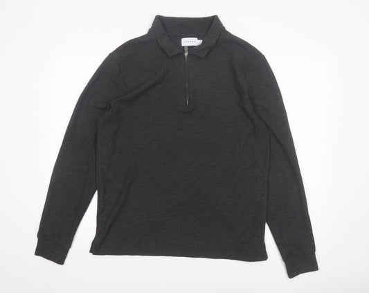 Topman Men's Grey Long Sleeve 1/4 Zip Polo Shirt Size L