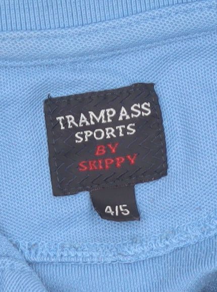 Brand and care label for Trampass Sports by Skippy boys’ blue polo shirt 4-5 years short sleeve cotton