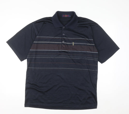 Gold Men Navy Blue Striped Golf Polo Shirt L Cotton Blend