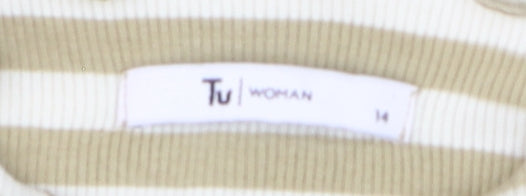 Tu Women Beige Striped Long Sleeve Mock Neck Cotton T-Shirt Size 14