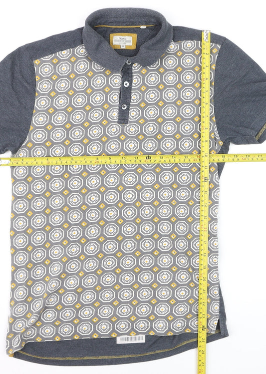 Next Men's Grey Geometric Collared Short Sleeve Polo Shirt Size M