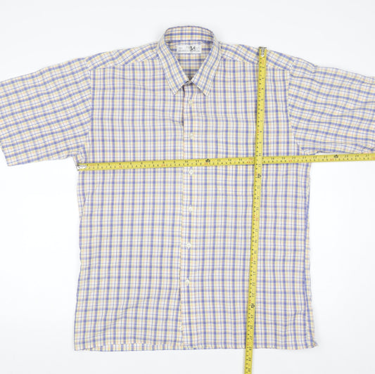 Marks and Spencer Men's Blue Check Short Sleeve Button-Up Shirt 15.5 Regular Fit