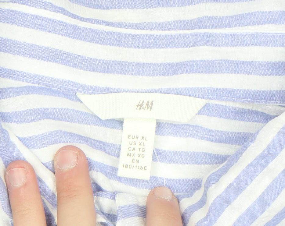 H&M Women Blue Striped Cotton Button-Up Shirt Size 14