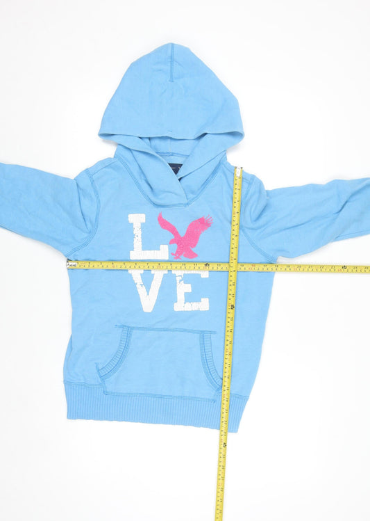 American Eagle Outfitters Women Blue Pullover Hoodie Size M LOVE Print