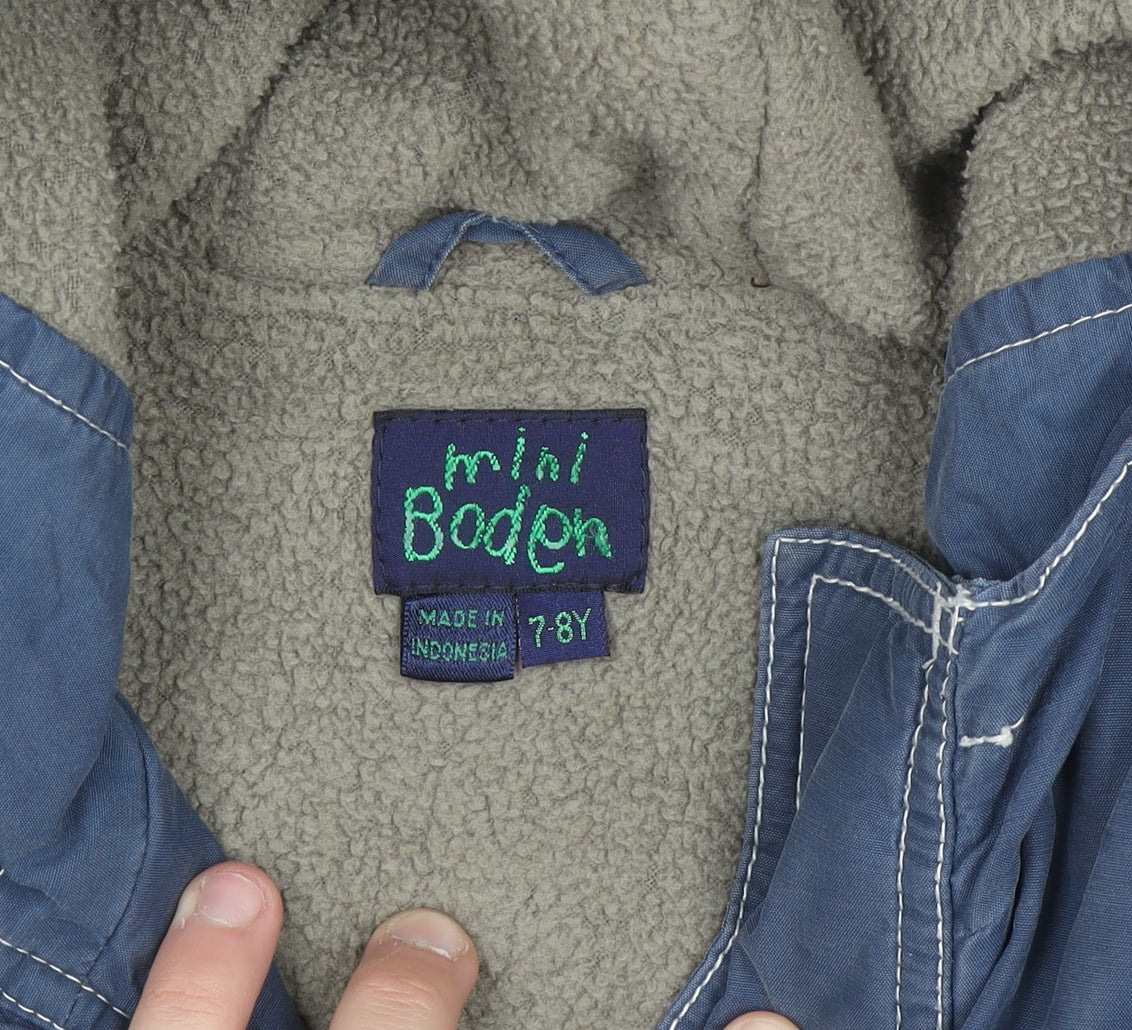 Mini Boden Boys Blue Hooded Parka Coat 7-8 Years Lined Winter Jacket