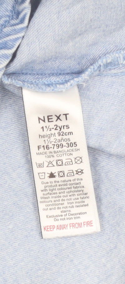Brand and care label for Next girls’ blue cotton long sleeve embroidered collar shirt dress 18-24 months