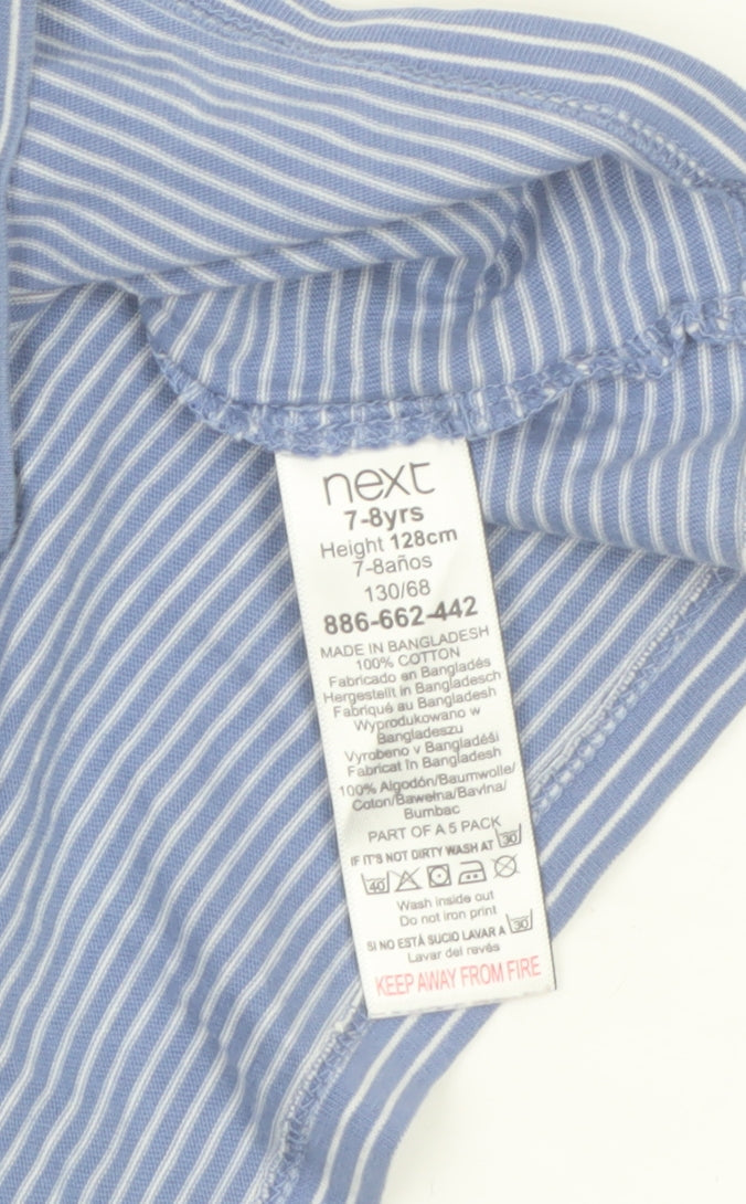 Brand and care label for Next girls’ blue striped sleeveless ruffle cotton t-shirt 7-8 years