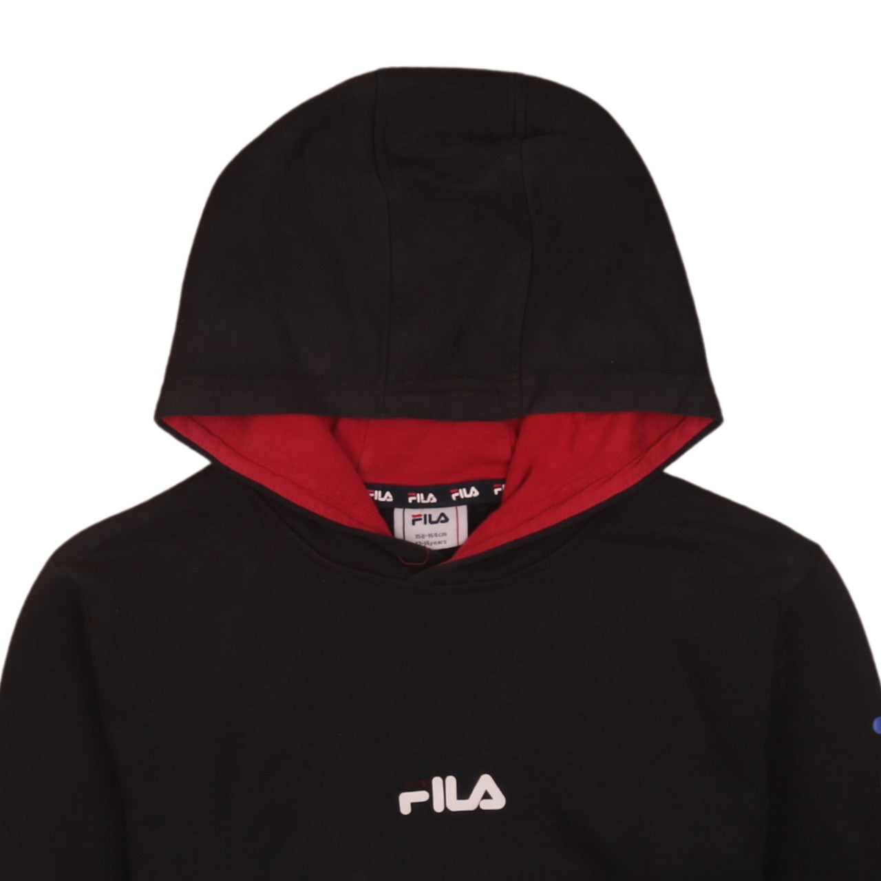 Brand and care label for Fila boys’ black pullover hoodie 13-14 years logo print cotton blend