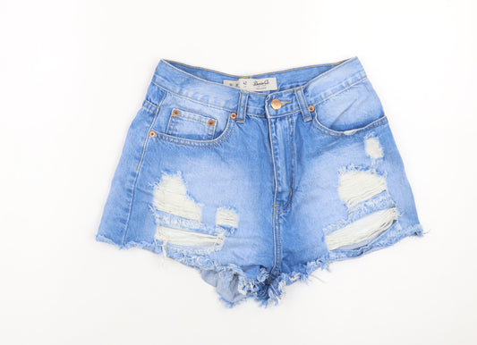 Additional front view of Denim Co. women’s blue, size UK 10, cut-off distressed denim shorts