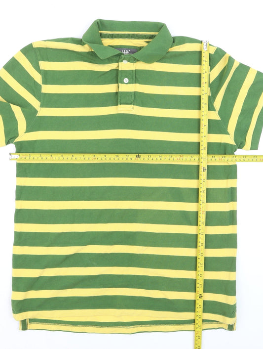H&M LOGG Men's Green Yellow Striped Cotton Polo Shirt L