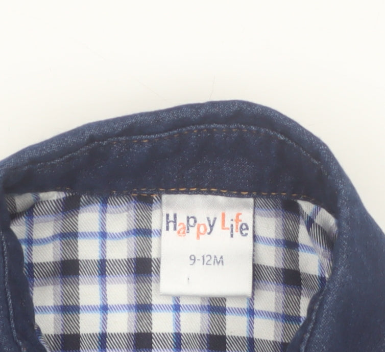 Additional view of Happy Life boys’ blue check button-up long sleeve cotton shirt 9-12 months
