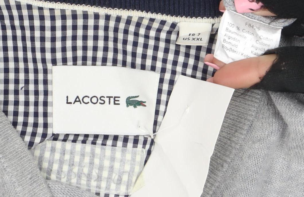Lacoste Mens Grey Cotton V-Neck Jumper 2XL Regular Fit
