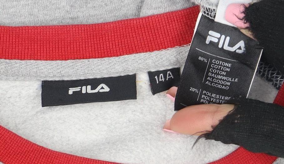 Brand and care label for Fila boys’ grey red blue logo sweatshirt, size 14, regular fit cotton blend