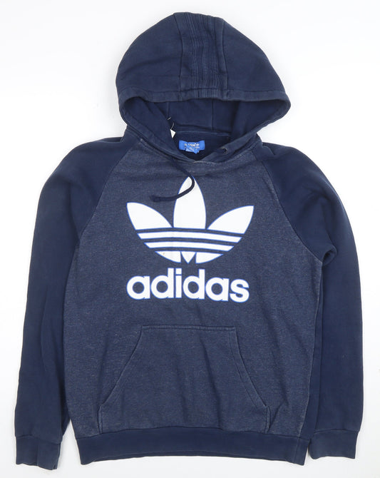 Adidas Mens Blue Pullover Hoodie Small Logo Fleece Sweatshirt