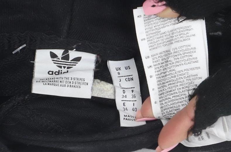 Brand and care label for Adidas Women’s Black Hoodie, size UK 8, Pullover Trefoil Logo
