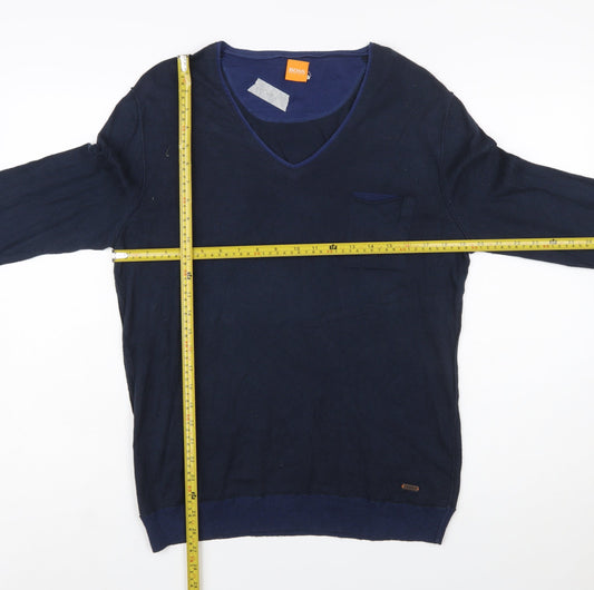 Hugo Boss Mens Blue V-Neck Cotton Pullover Jumper Medium