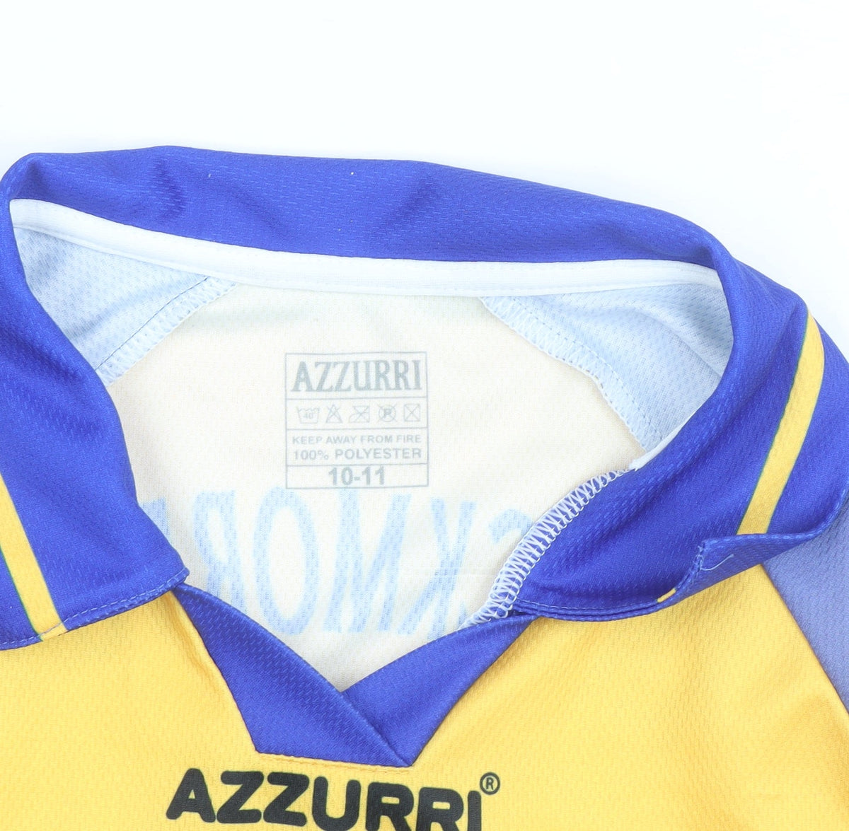 Brand and care label for Azzurri Sport boys’ yellow knockmore gaa jersey 10-11 years short sleeve