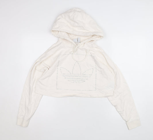 Adidas Womens Ivory 2XS Cropped Hoodie Rhinestone Logo Cotton