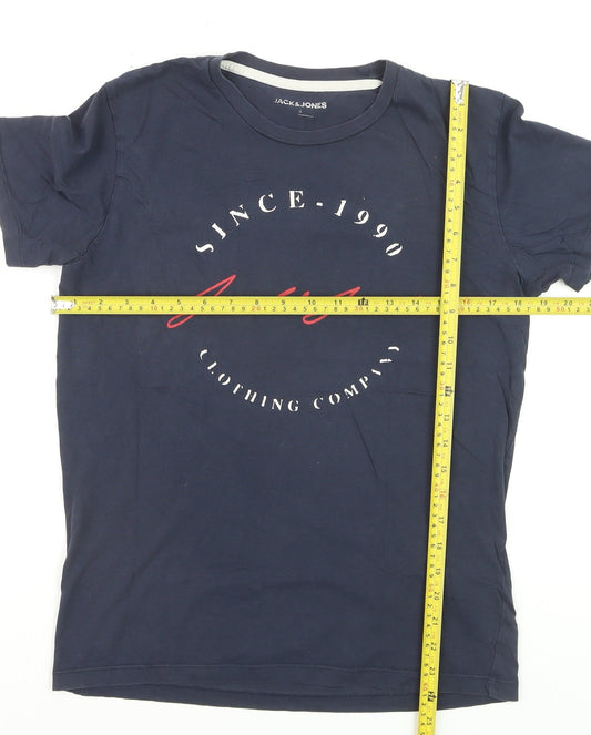Jack & Jones Men's Navy Graphic Print Crew Neck Cotton T-Shirt Size S