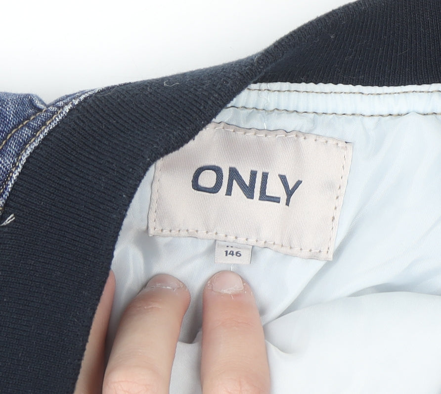 ONLY Boys Blue Denim Varsity Jacket Size 146 Cotton Lined Button Bomber